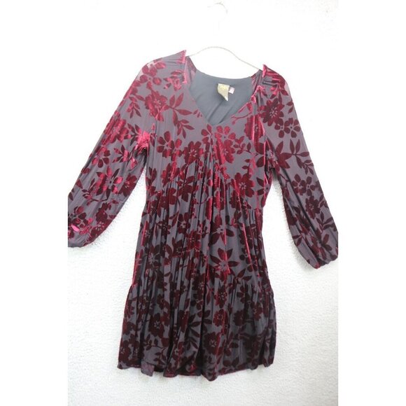 Taylor Dresses & Skirts - Taylor Burgundy Velvet Burnout-3/4 Puff Sleeves Babydoll Dress-Size 8-Whimsigoth